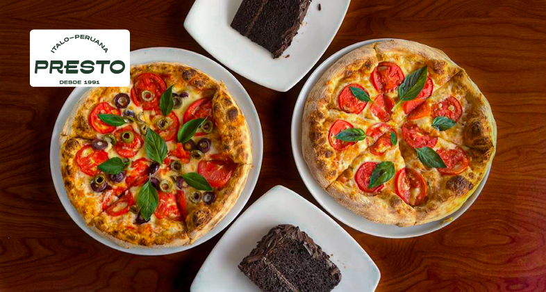 2 pizzas clásicas grandes + 2 porciones de torta de chocolate. Precio regular S/78.00.