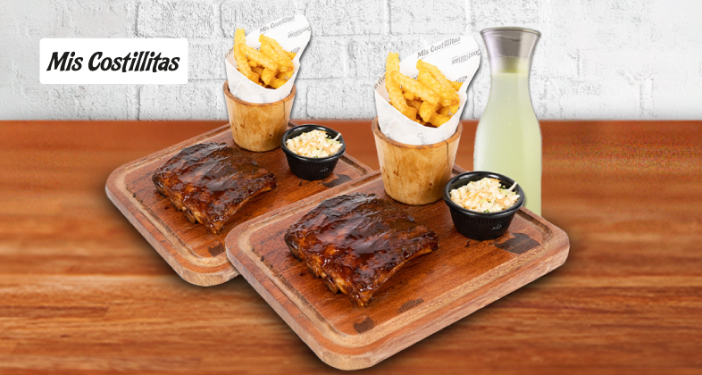 2 costillas JR + 2 papas fritas + 2 ensaladas de col + 1 lt de limonada. Precio regular S/99.70