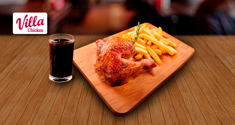 1/4 pollo a la leña + papas fritas pequeñas + vaso bebida natural. Precio regular: S/28.00.